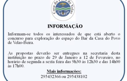 CASA DO POVO DE VELAS ABRE CANDIDATURA PARA EXPLORAÇÃO DE BAR – Beira / Velas – Ilha de São Jorge